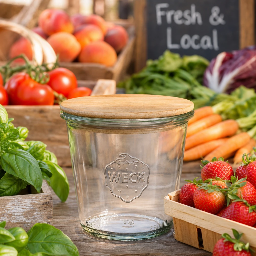 290 ml høje Briller WECK RR80 med trælåg WECK opbevaringskrukke 290 ml RR80 med trælåg mellem frisk frugt og grønt på markedsboden Fresh Local