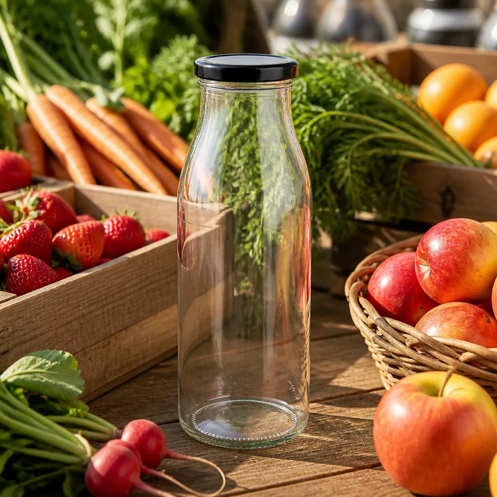 500 ml glasflaske + BasicSeal-låg sort UNiTWIST. Absolut lækagesikker med stort TO48-låg. Til mælk, juice og limonade. 500 ml glasflaske med sort låg mellem frisk frugt og grøntsager på træbord Køkkenscene