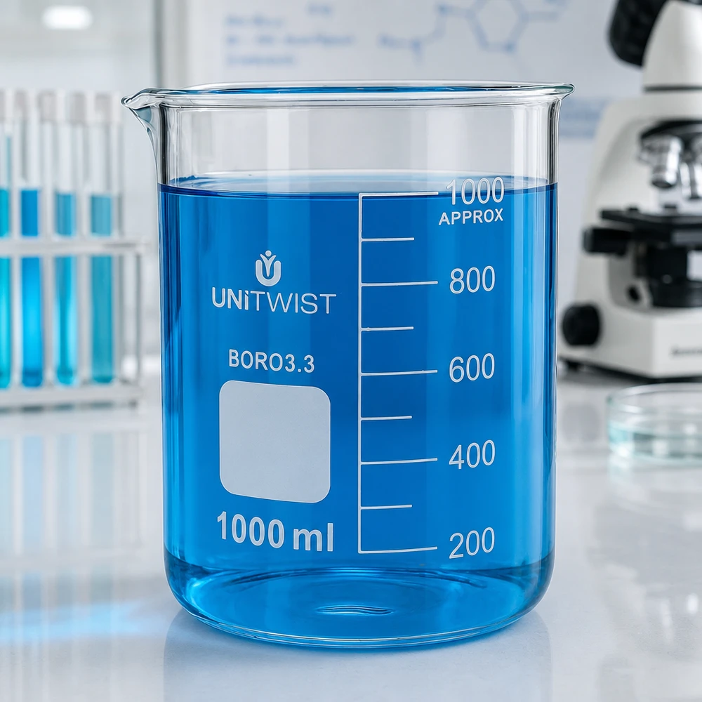 Bæger 1000 ml borosilikat, lav form UNiTWIST UNiTWIST 1000 ml boresilikatglas, lav model, med blå væske i laboratoriet