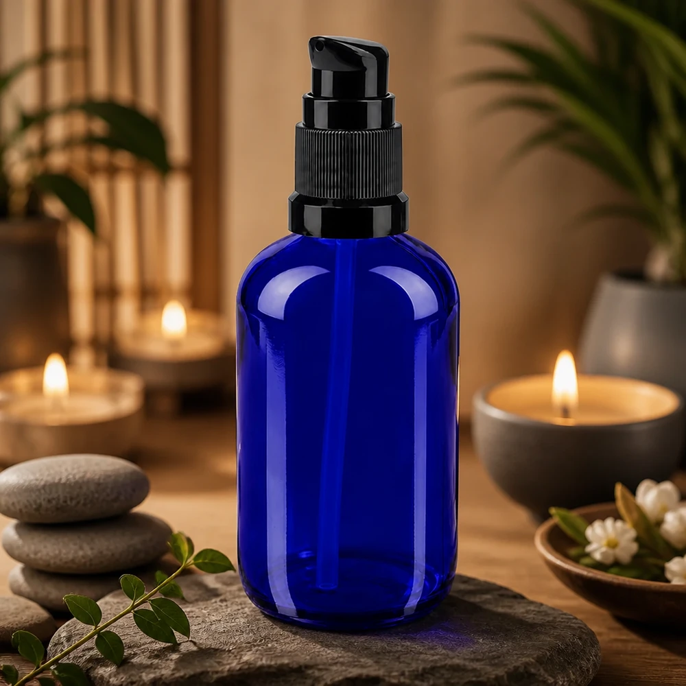 Blå 100 ml pumpeflaske af apotekerglas med sort doseringsdispenser i wellness-stil