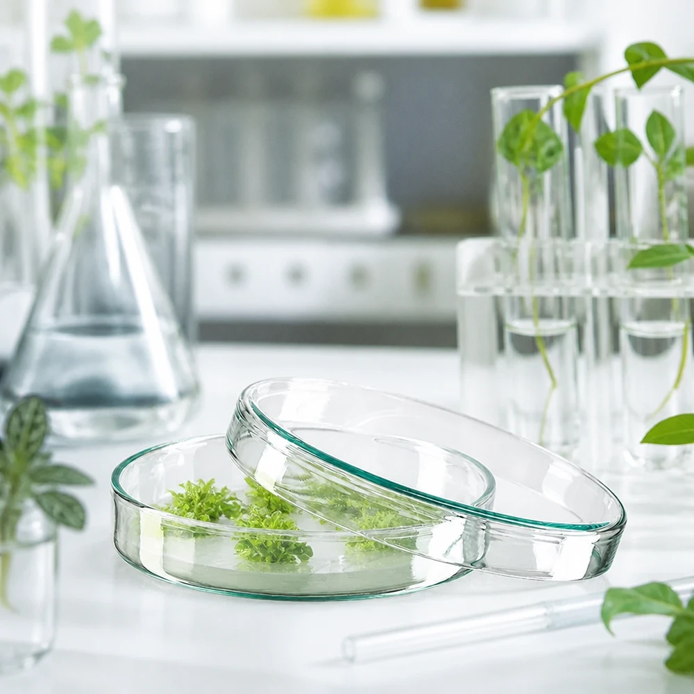 Petriskål 100x20mm glas Petriskål, 100 x 20 mm, af glas, med planteudløbere på grønt næringsmedium i et botanisk laboratorium