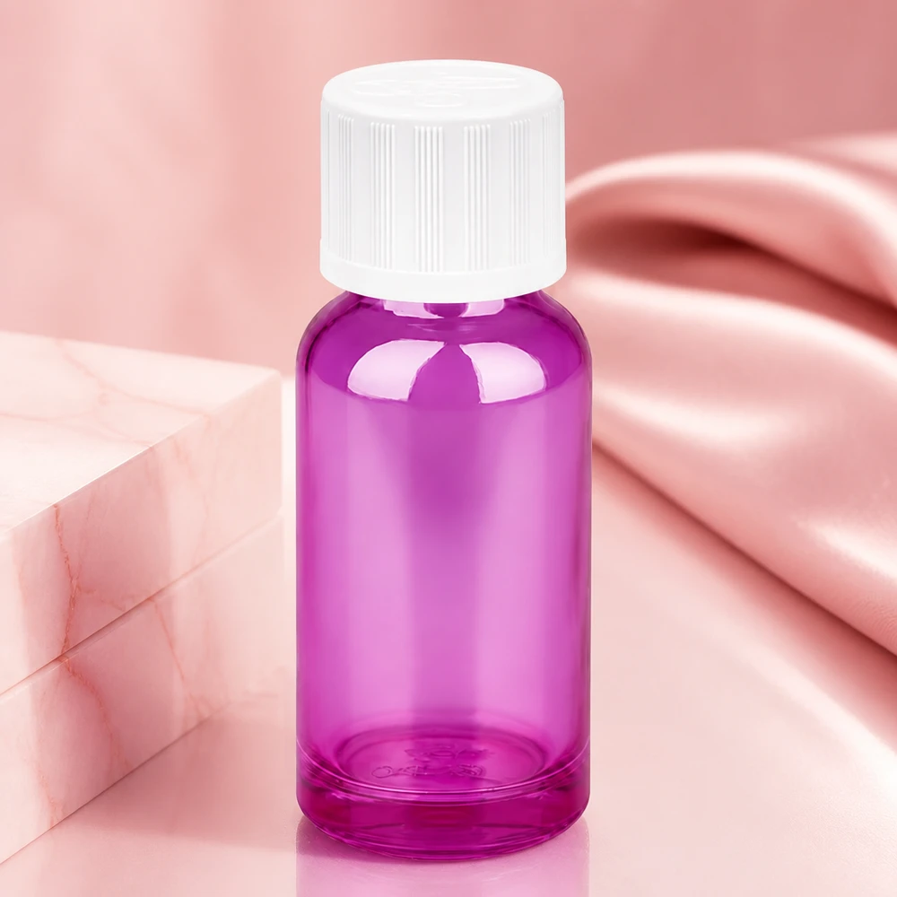 20 ml flaske 11 mm skruelåg hvid standard børnesikret PurpleLine UT18/20 Kompakt 20 ml glasflaske i elegant lilla med hvid hætte til præcis dosering