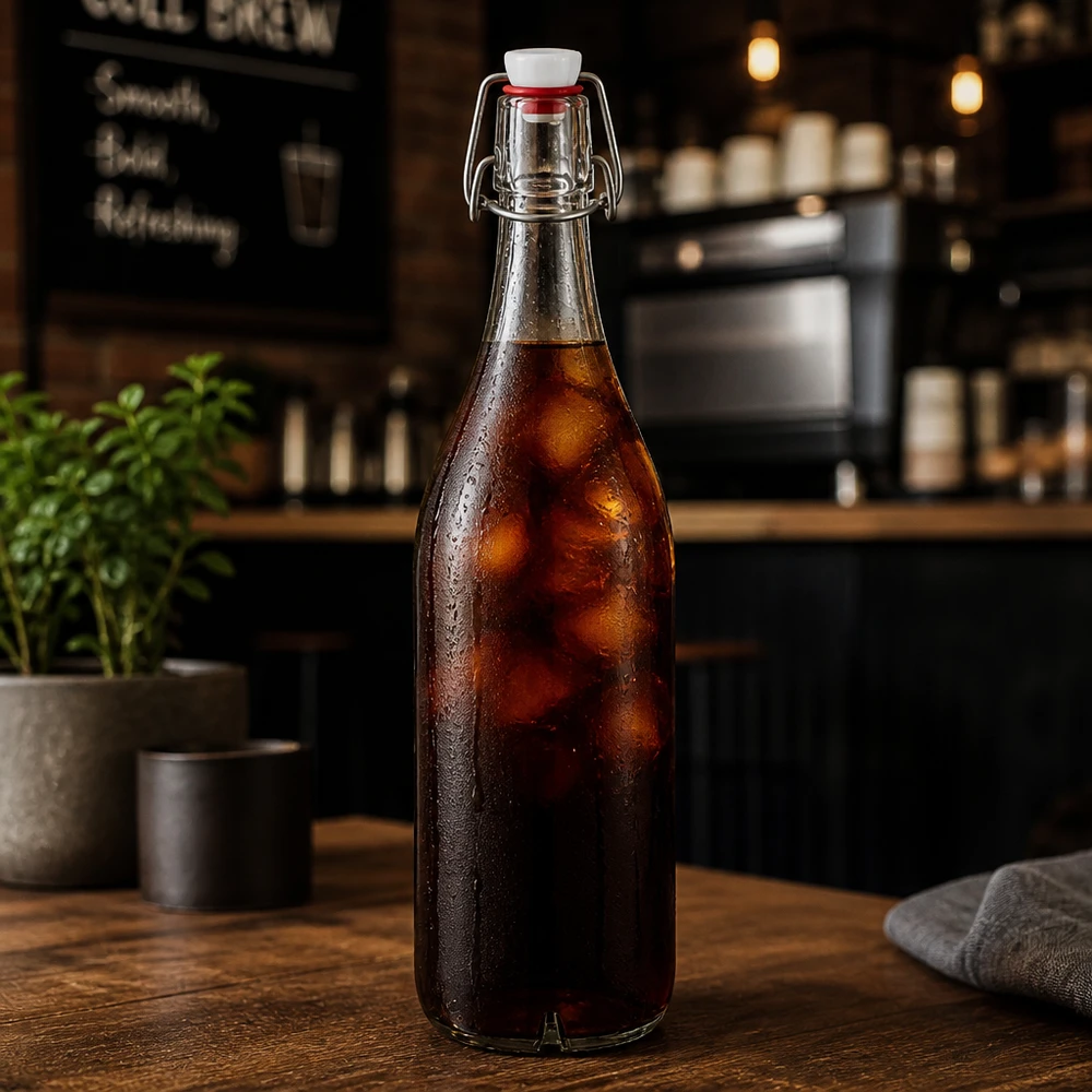 1000 ml glasflaske og hængelåg i PVC UNiTWIST 1000ml Glasflasche mit Bügelverschluss gefüllt mit Cola-Getränk auf Holztheke in stilvoller Café-Atmosphäre
