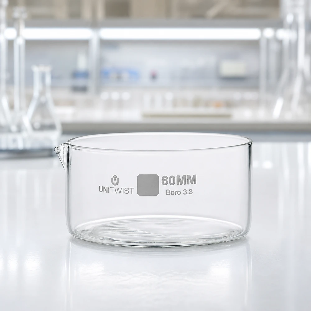 Krystalliseringsskål ø80mm borosilikatglas UNiTWIST Tom krystalliseringsskål, 80 mm, borosilikatglas 3.3, UNiTWIST, på hvid laboratorieoverflade