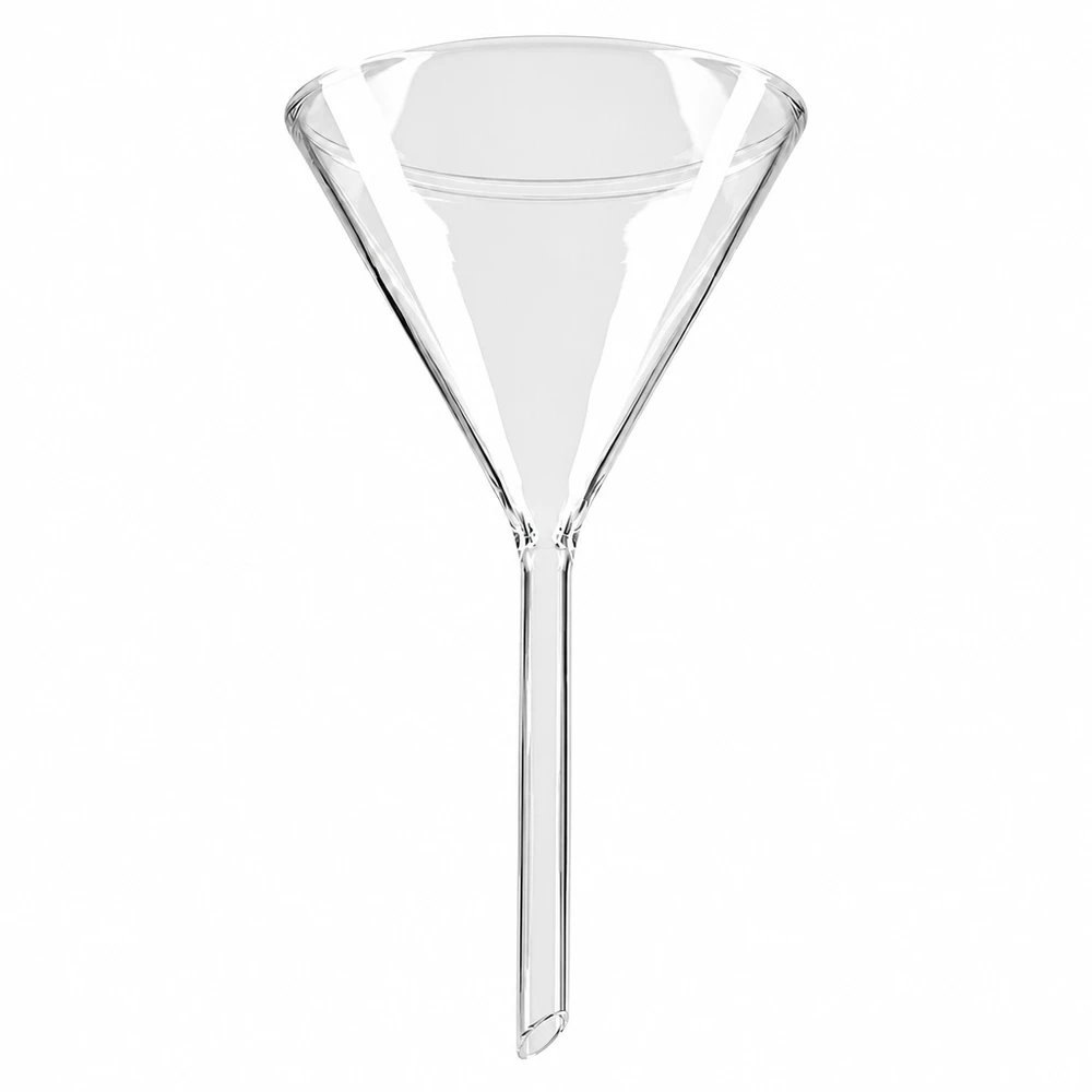 Tragt Ø 100 mm sodakalk, vinkel 60°, kort model Glastragt med en diameter på 100 mm, fremstillet af sodakalkglas med kort stilk, til laboratoriebrug