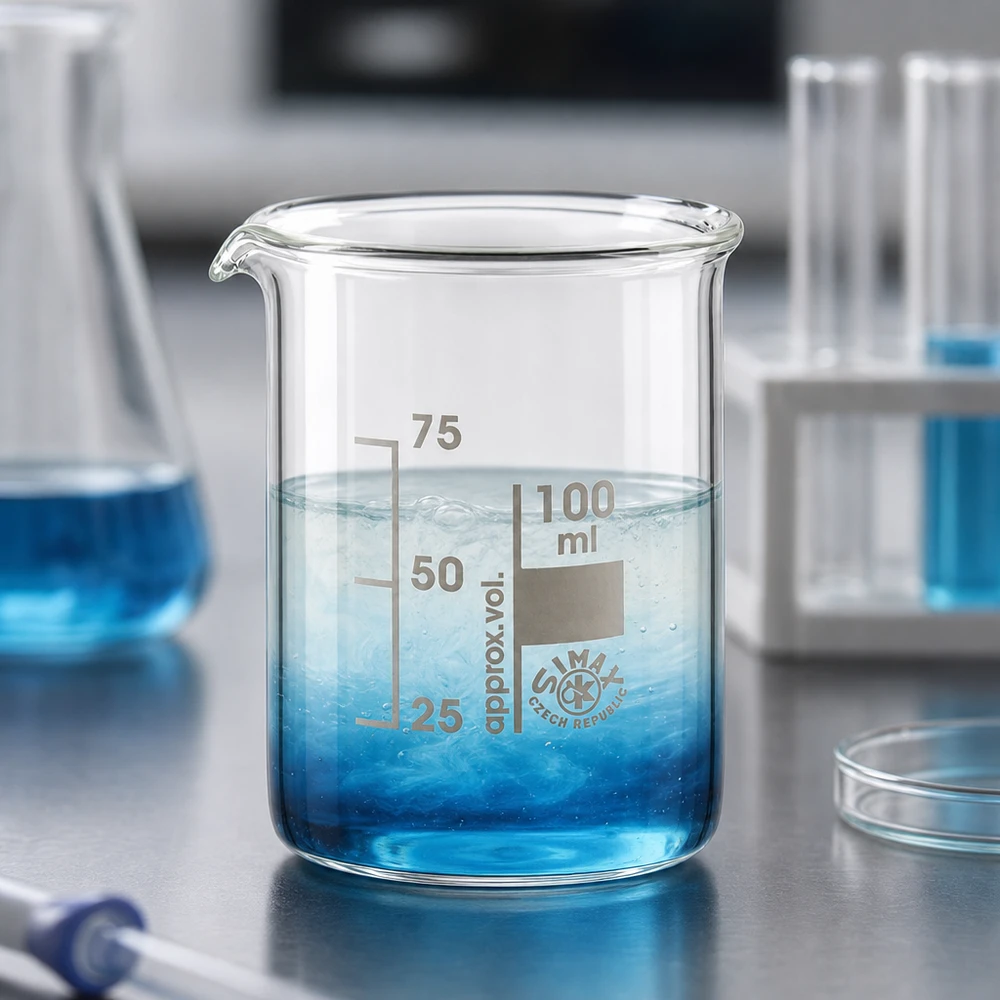 Bægerglas 100 ml borosilikatglas, lav form Borosilikatglasbæger 100 ml med blå opløsning og tydeligt synlig milliliterskala