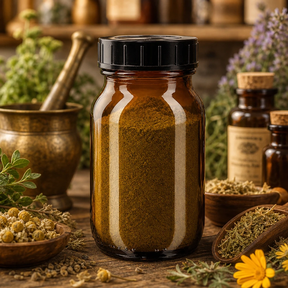 100 ml flaske med bred hals i ravfarvet glas med skruelåg Flaske med bred hals 100 ml af lysbeskyttende ravfarvet glas til naturlige urteekstrakter og tinkturer