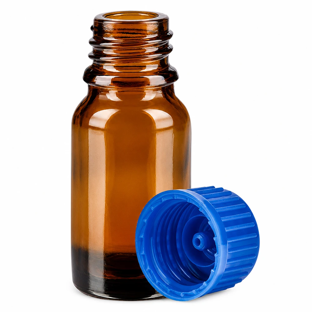 10 ml flaske 11 mm SV blå STD BrownLine UT18/10 Lille 10 ml ravfarvet glasflaske med rillet blå hætte til æteriske olier og tinkturer