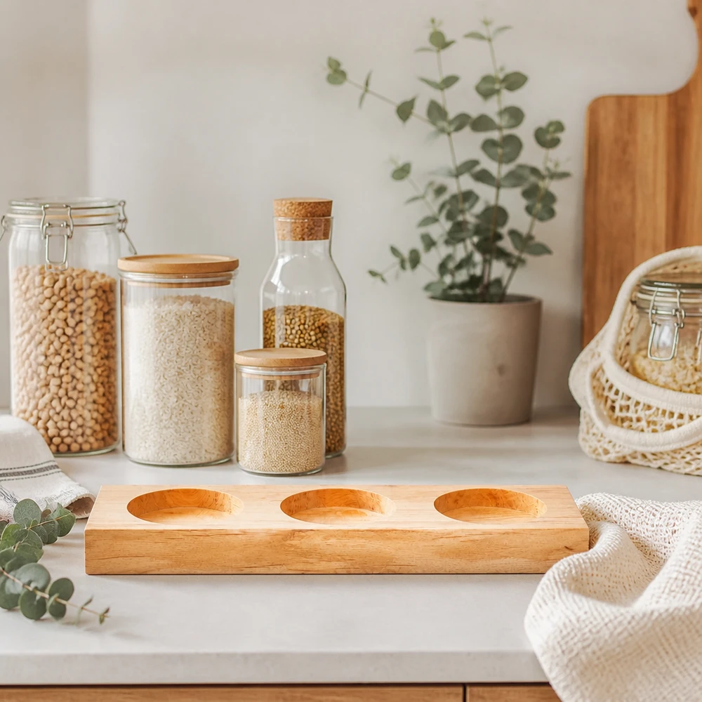 Serveringsbræt Plano3 til 3 WECK-glas Servierbrett Plano3 aus Bambus auf weißer Arbeitsplatte mit Vorratsgläsern und eucalyptus Deko im skandinavischen Küchen