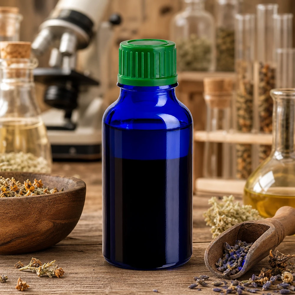 Kompakt 20 ml flaske BlueLine UT18/20 med 11 mm standardgevind, ideel til laboratoriebrug og aromaterapi.