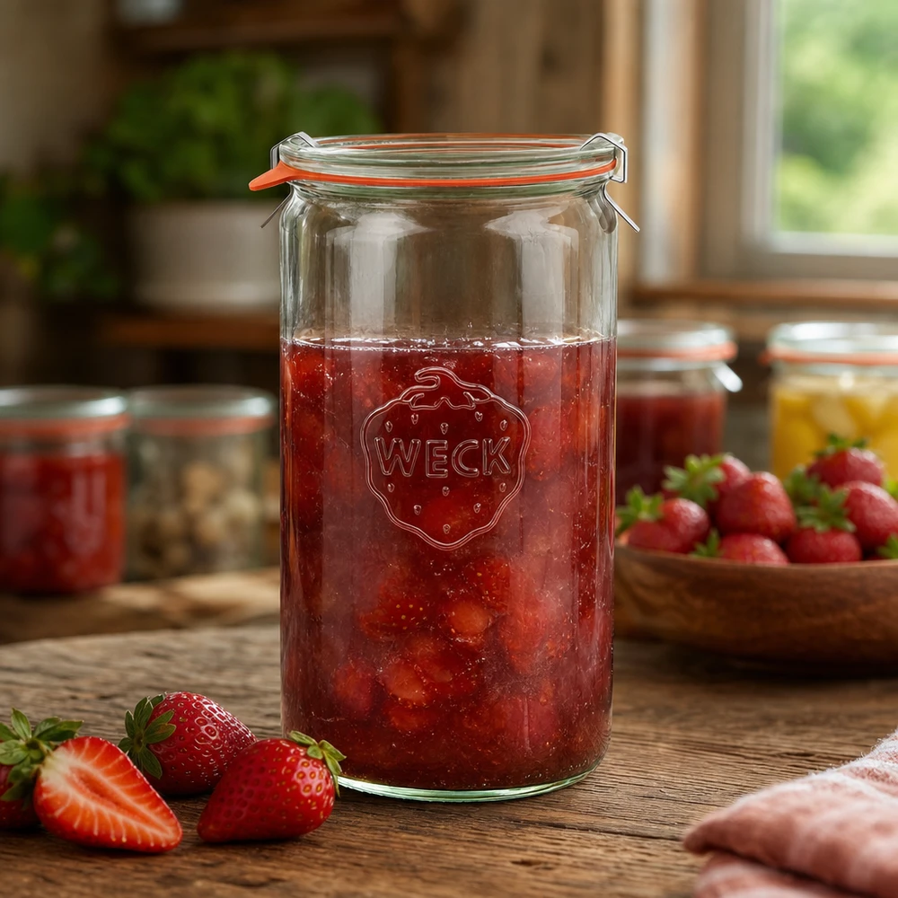 WECK syltetøjsglas 1590 ml fyldt med jordbærmarmelade på et træbord med friske jordbær i baggrunden