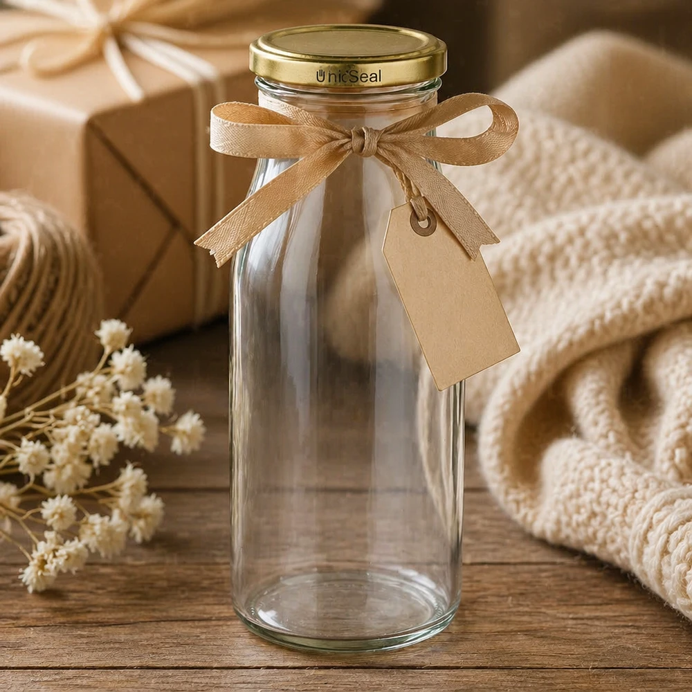 UNiTWIST Bottle150 med guld. Låg TO43 BioSeal UNiTWIST-glasflaske 150 ml præsenteres dekorativt med bånd og gyldent BioSeal-låg gaveidé livsstil