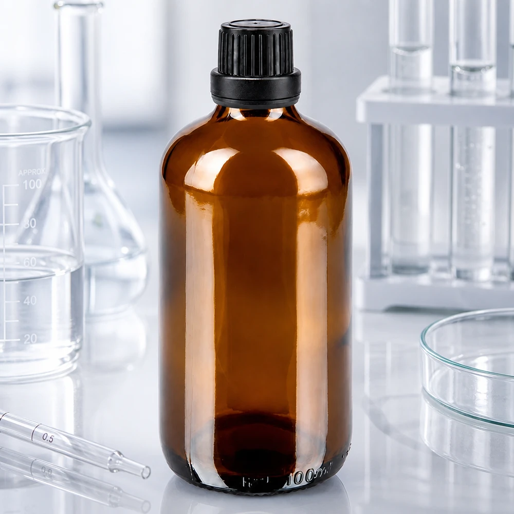 Apoteksflaske brun 100 ml skruelåg sort tæt OV Brun apotekerflaske på 100 ml med sort sikkerhedslåg på 11 mm til brug i laboratoriemiljøet
