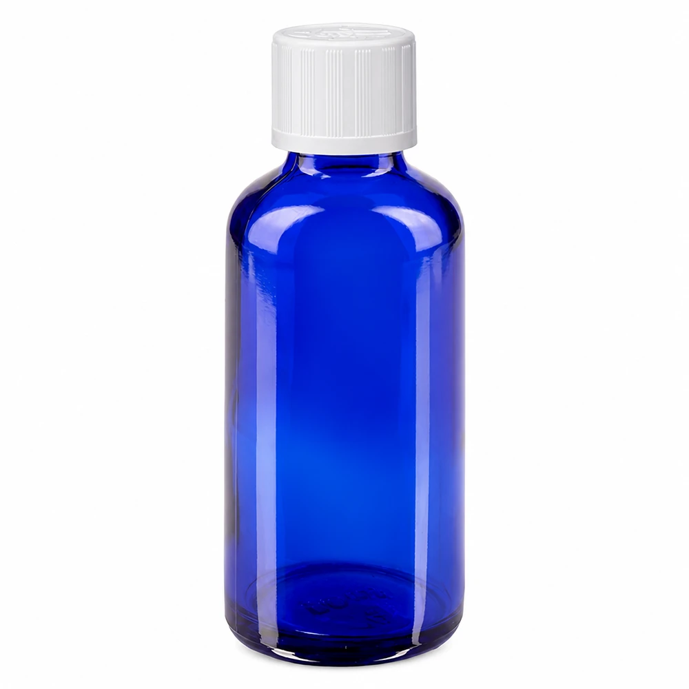 50 ml blå apotekerflaske af glas med hvid børnesikret prop, 11 mm