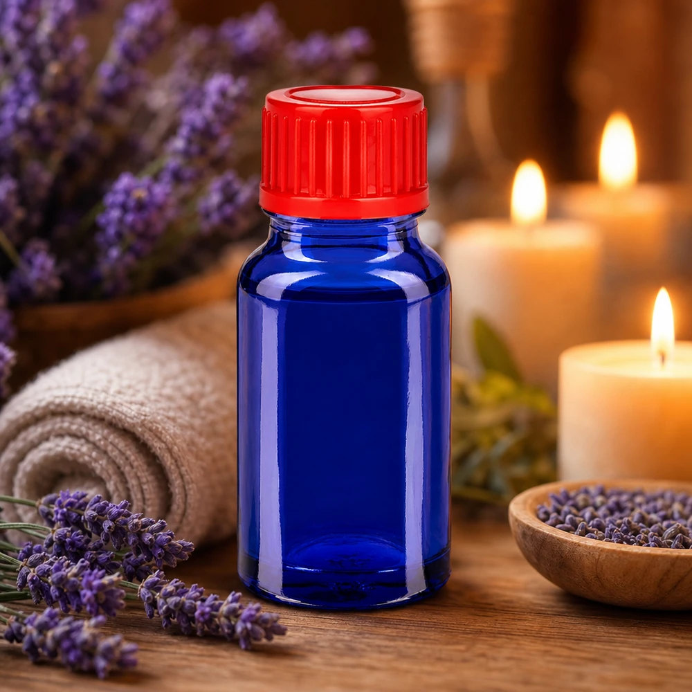Lille 10 ml glasflaske i blå med rød hætte til æteriske olier og aromaterapi