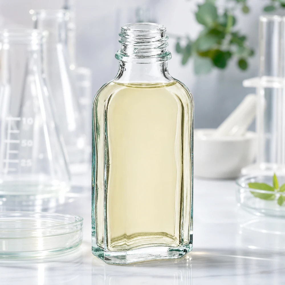 Flad 50 ml Meplat-flaske, gennemsigtig med gulligt indhold og DIN22-skruegevind