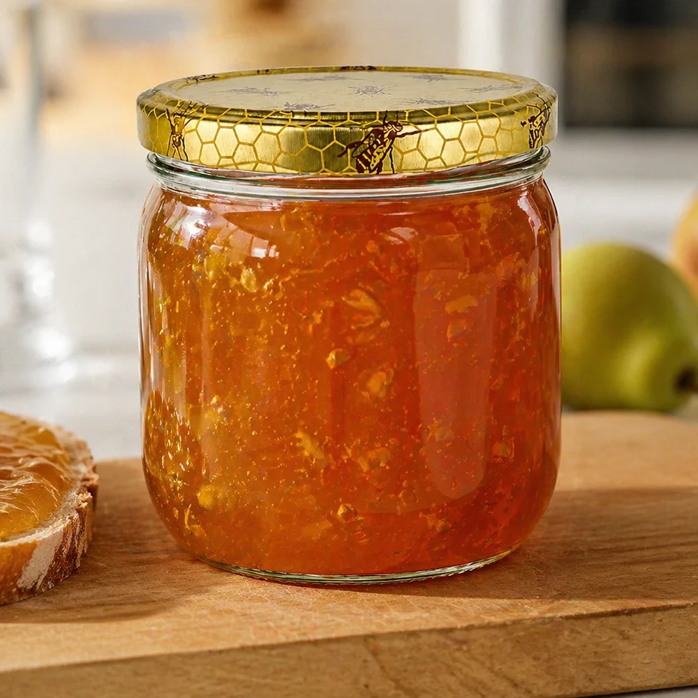 500 g honningglas med låg med honningkagemønster BasicSeal UNiTWIST 500 g honningkrukke med honeycomb-låg fyldt med gylden marmelade ved siden af brød og grønt æble på træplade