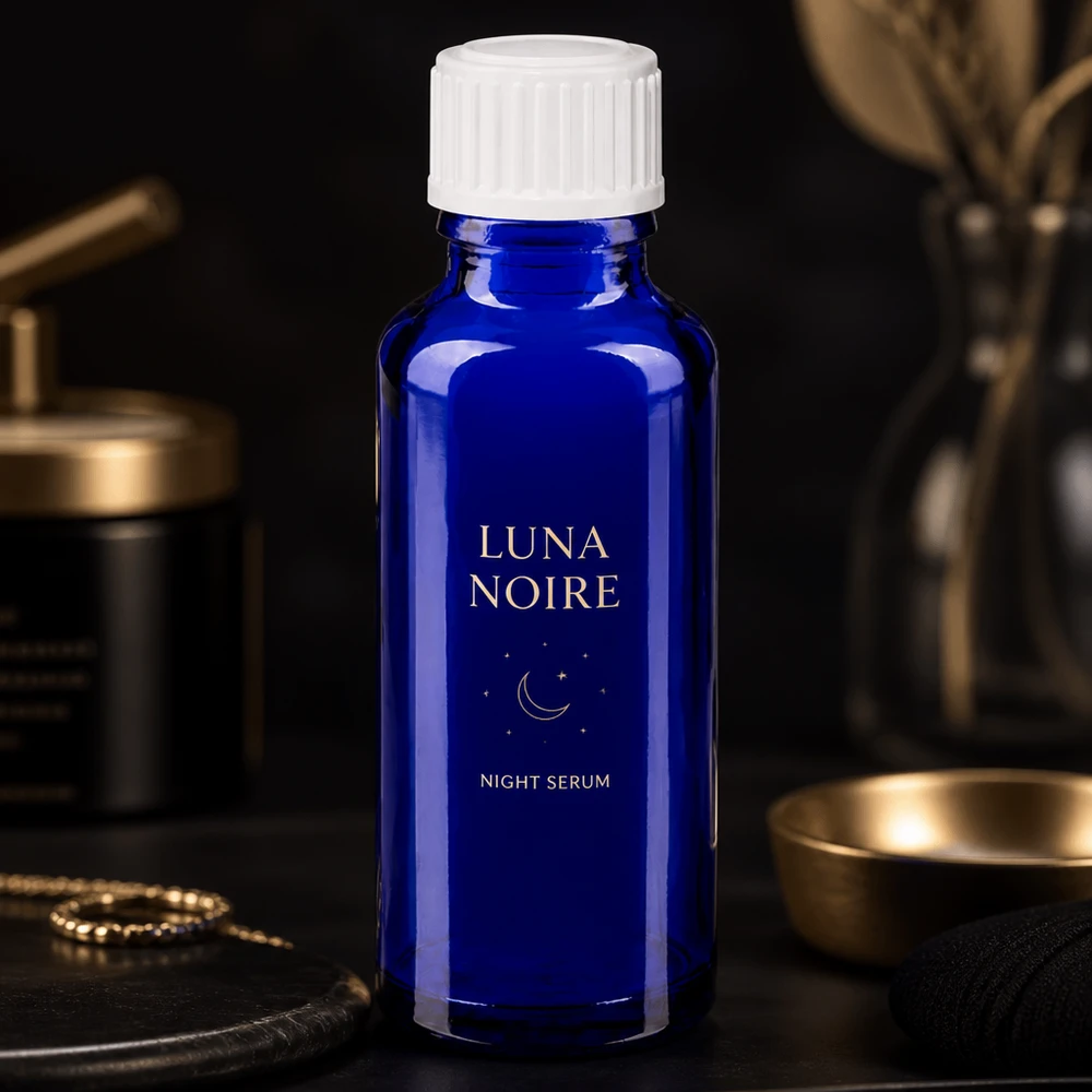 Luna Noire Night Serum i en koboltblå 30 ml apotekerflaske med hvid skruelåg