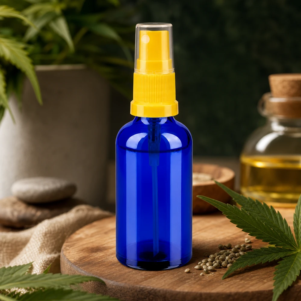 Robust 50 ml sprayflaske af UV-beskyttende koboltglas med praktisk forstøver til naturkosmetik