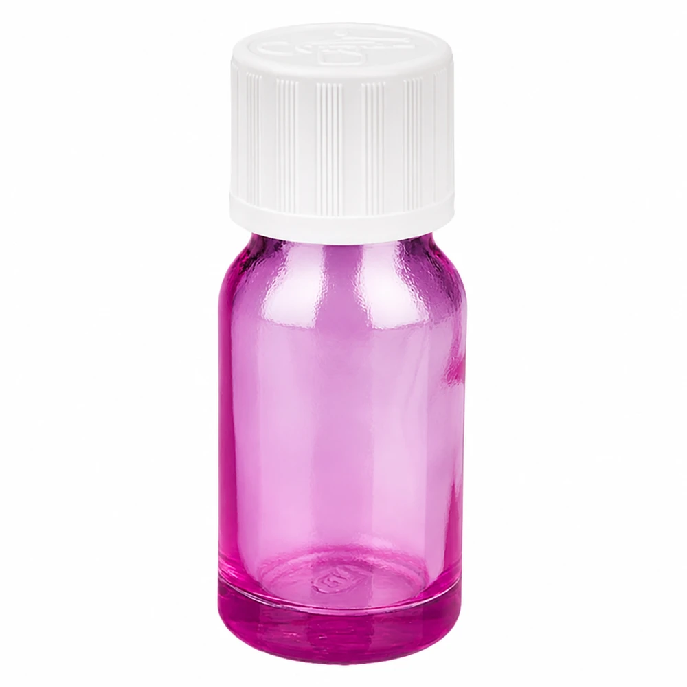 10 ml dråbeflaske 1,2 mm hvid standard børnesikret PurpleLine.UT18/10 10 ml dråbeflaske i lilla transparent med hvidt skruelåg til præcis dosering