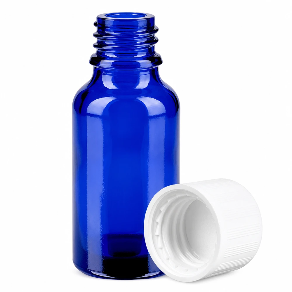 20 ml flaske 11 mm SV m. STD KiSi BlueLine UT18/20 20 ml koboltblå glasflaske med 11 mm gevind og børnesikret hætte til apoteket