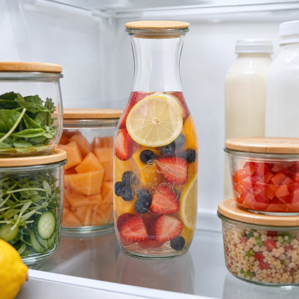 1062 ml juiceflaske WECK RR60 med trælåg WECK 1062 ml juiceflaske med trælåg i køleskabet fyldt med bær-citronvand ved siden af opbevaringsglas
