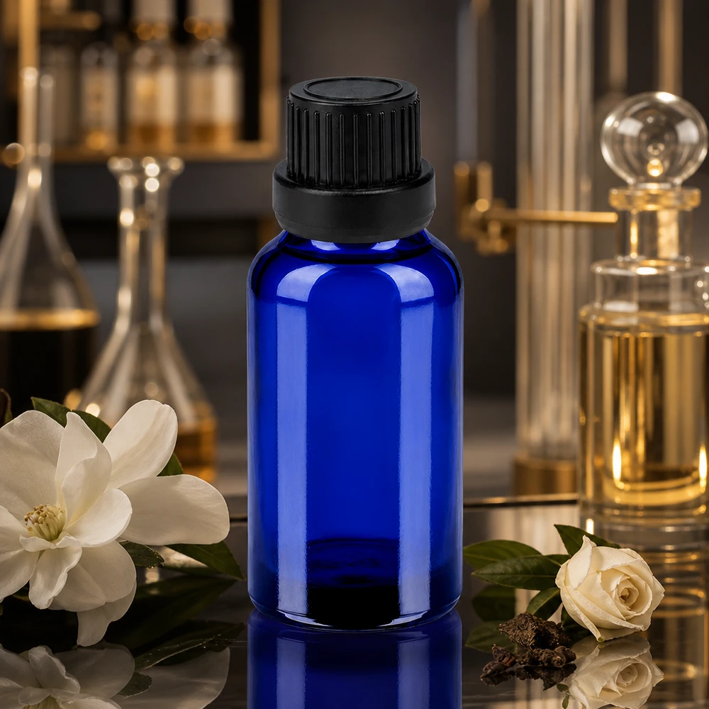 Elegant 20 ml glasflaske i koboltblå med mat sort hætte til parfumeolier