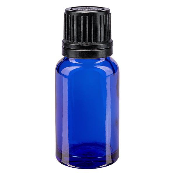 Apoteksflaske blå 10ml skruelåg sort hældeprop r. OV Apoteksflaske blå 10ml skruelåg sort hældeprop r. OV