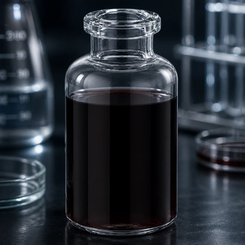 Injektionsflaske i klart glas 20 ml Medizinische Klarglas Injektionsflasche 20ml mit dunkelbrauner Substanz in professioneller Laborumgebung