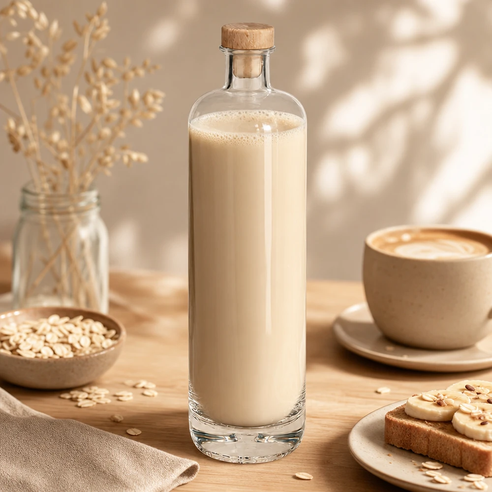 700 ml glasflaske Ella med træhåndtag og prop UNiTWIST® 700 ml glasflaske Ella med indhold af cremet havremælk og træprop i en hyggelig morgenmadsscene med havreflager