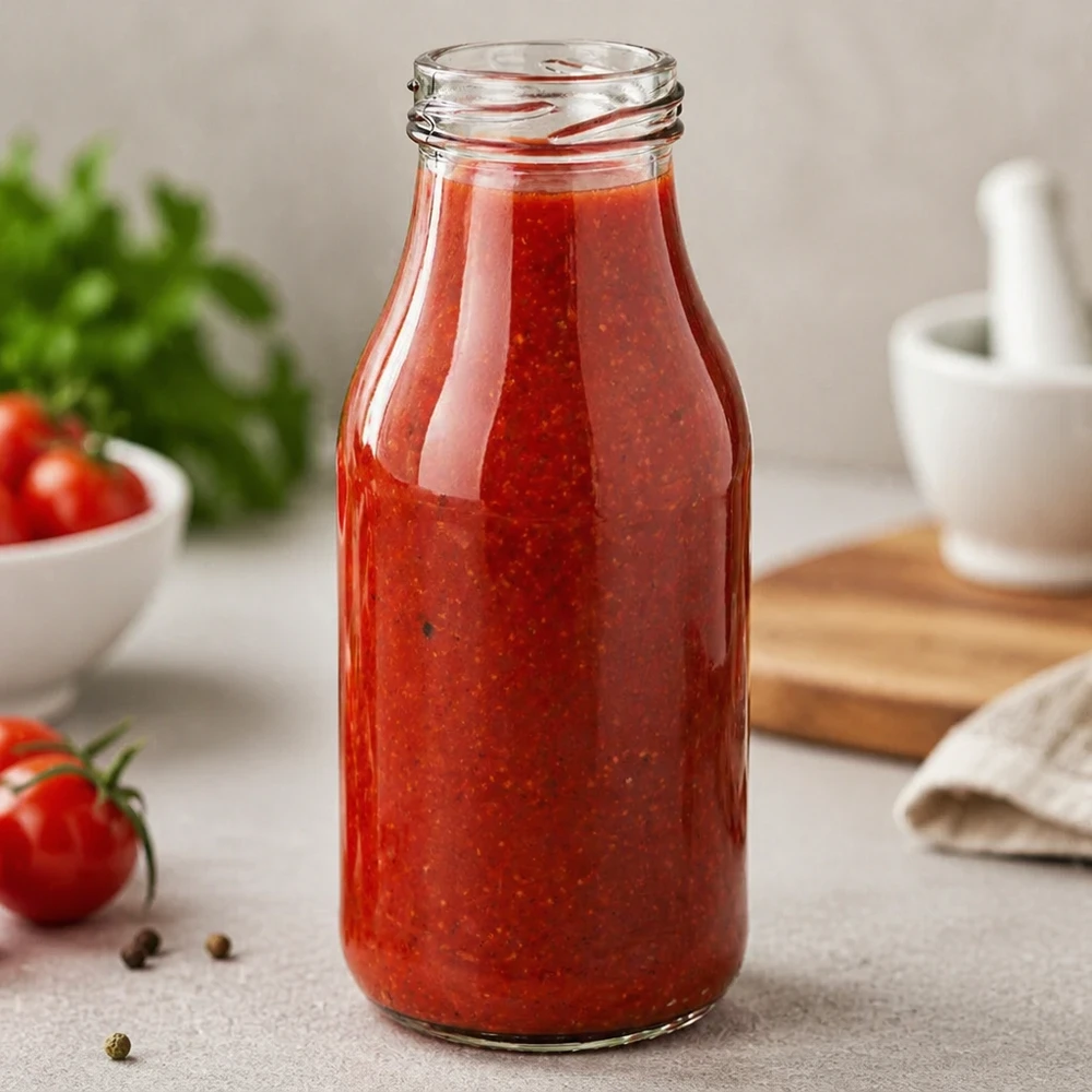 UNiTWIST Bottle263 - Flaske med kapacitet på 263 ml TO43 Elegante UNiTWIST Glasflasche 263ml mit roter Tomatensauce gefüllt in moderner Küche - perfekt für Saucen und Getränke