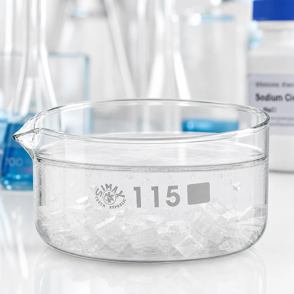 Krystalliseringsskål 500 ml med borosilikat-tud Krystalliseringsskål 500 ml med tud, fyldt med hvide krystaller, diameter 115 mm, laboratorieglas
