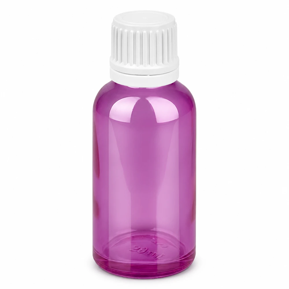 30 ml flaske 11 mm skruelåg hvid Originality skruelåg PurpleLine UT18/30 30 ml glasflaske i violet med hvidt skruelåg til æteriske olier og kosmetik