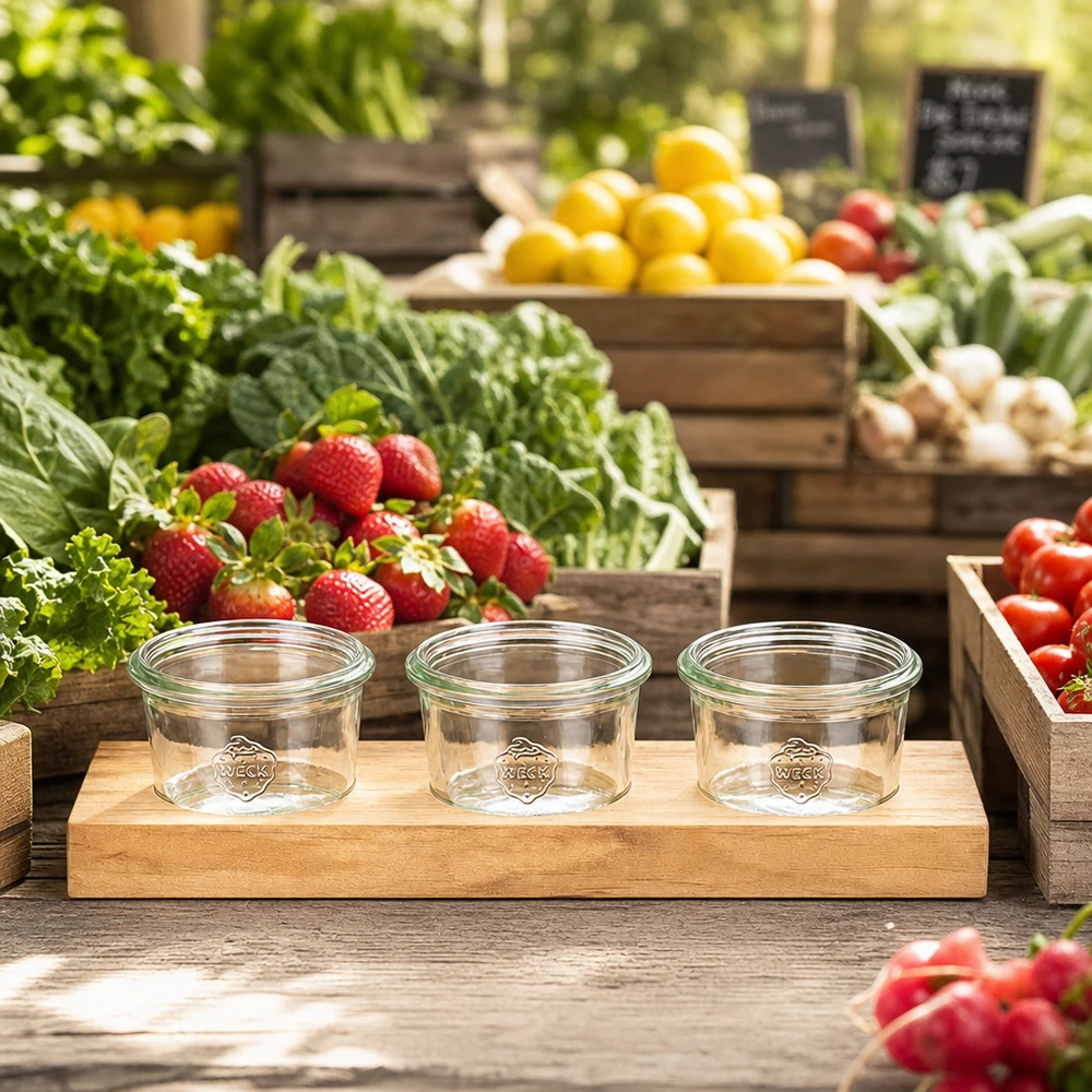 Serveringsbræt Plano3 med 3 Weck-glas med skruelåg, 80 ml Plano3 serveringsbræt med tomme Weck 80 ml-bægre på en markedsbod mellem frisk frugt og grøntsager