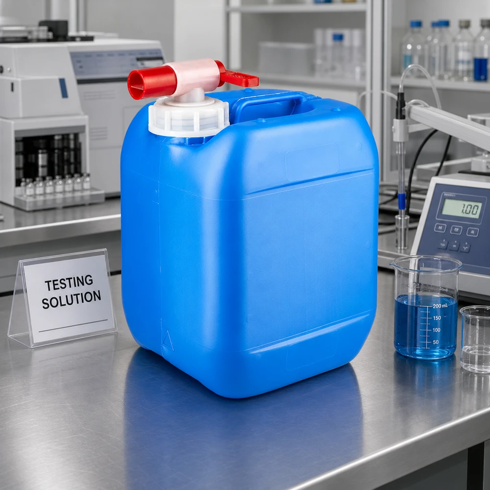 5 liters blå dunk med taphane Blå 5-liters HDPE-dunk med udløbshane ved siden af målecylinder og testvæske i laboratoriet