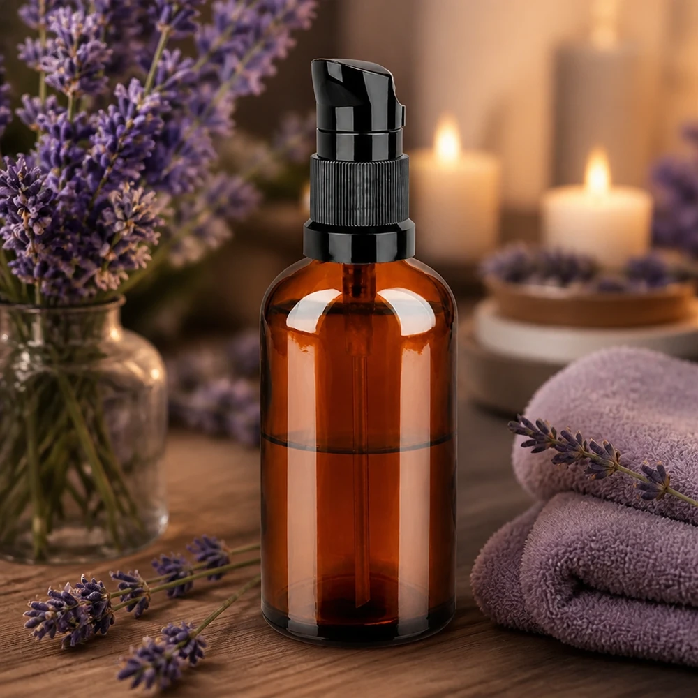 100 ml pumpeflaske sort STD BrownLine UT18/100 Elegant 100 ml pumpeflaske i brun med matsort pumpehoved til aromaterapi