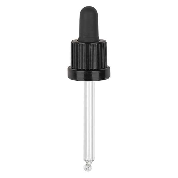 Pipettehætte sort DIN18, 63 mm pipettelængde med tamper-evident ring. Alkoholtæt. Til ApoGlas® 20 ml brun, blå (++); 20 ml Mironglas (+++) med 18 mm gevind.