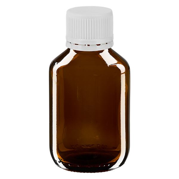 100 ml medicinflaske brun, hvid hætte med manipulationssikker ring ApoGlas. Farmaceutisk kvalitet fra EU-produktion. 28 mm (PP28) gevind. (sirup, let glasflaske) 100 ml medicinflaske brun, hvid hætte med manipulationssikker ring ApoGlas. Farmaceutisk kvalitet fra EU-produktion. 28 mm (PP28) gevind. (sirup, let glasflaske)