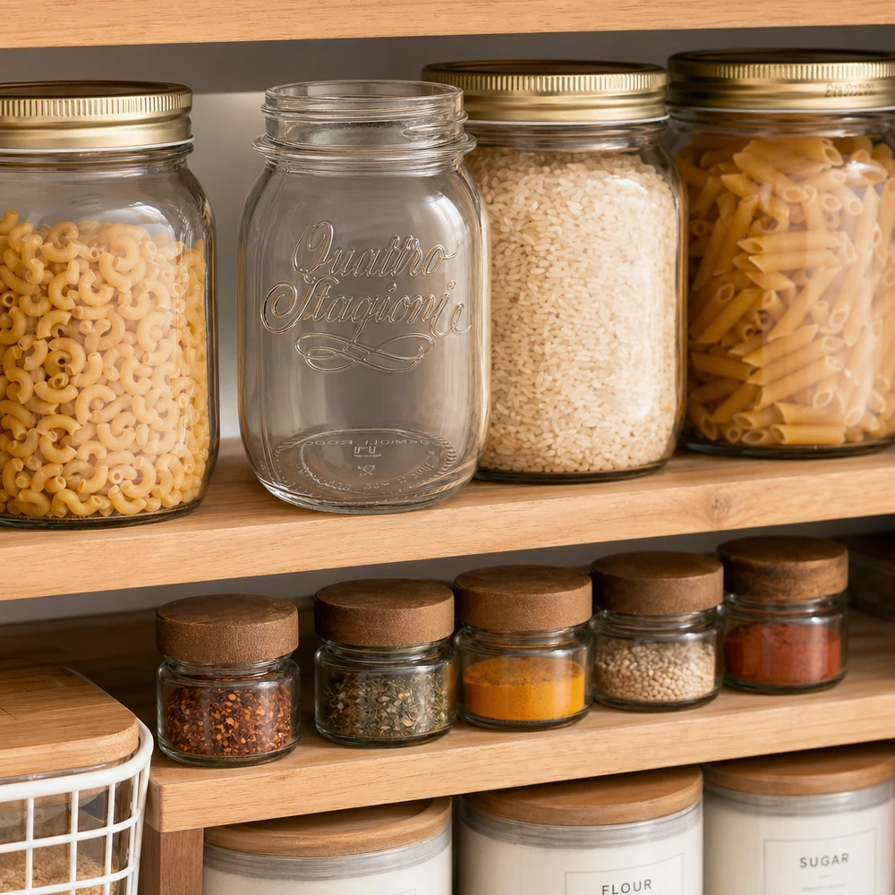 500 ml husholdningsglas "Quattro Stagioni" Quattro Stagioni 500ml Vorratsglas in organisierter Küchenpantry mit Pasta Reis und Gewürzen für stilvolle Aufbewahrung