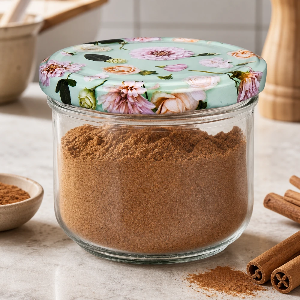 260 ml væltet glas + BasicSeal låg Blume mint UNiTWIST 260 ml-bægre med BasicSeal-blomsterlåg fyldt med kanelkrydderipulver, kanelstænger som dekoration på køkkenbordet