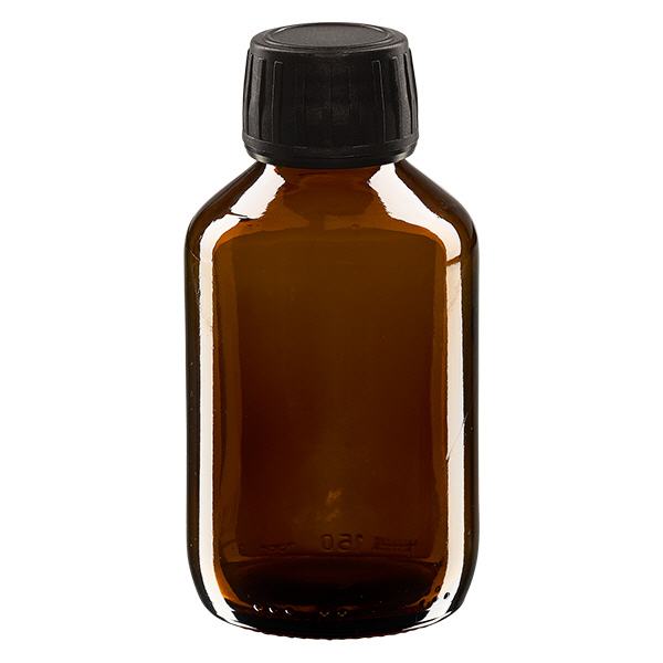150 ml medicinflaske brun, sort hætte med manipulationssikker ring ApoGlas. Farmaceutisk kvalitet fra EU-produktion. 28 mm (PP28) gevind. (sirup, lys glasflaske)