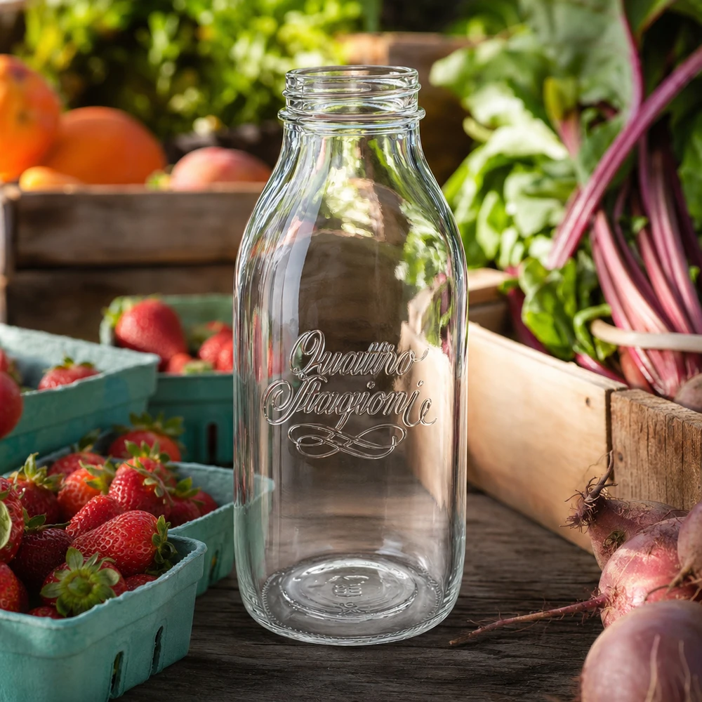 1000 ml flaske med bred hals "Quattro Stagioni" Quattro Stagioni 1000 ml glasflaske med bred mund på et træbord med friske jordbær og grøntsager i baggrunden.