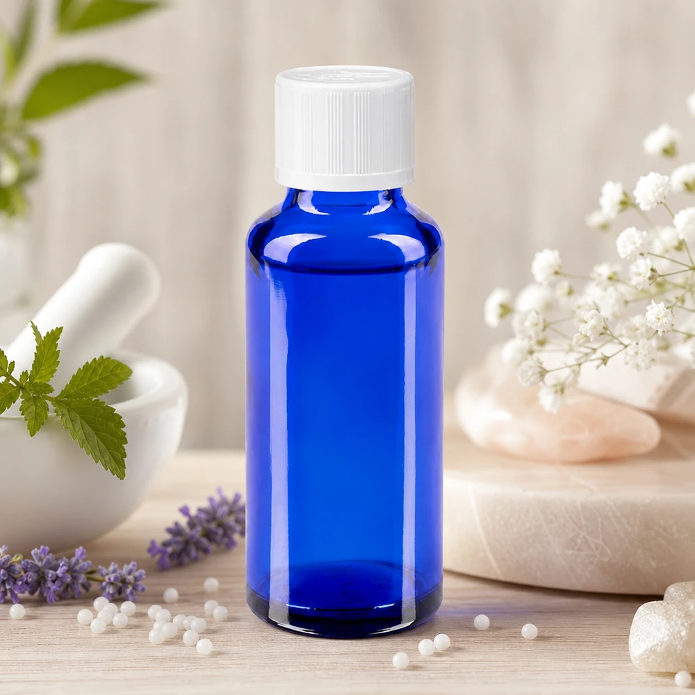 Apoteksflaske blå 30ml dråbetæller hvid KiSi St Lille 30 ml blå glasflaske med hvid skruelåg, med lavendel og lægeurter