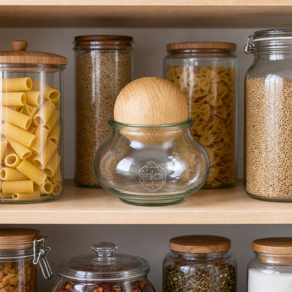 560 ml smykkekrukke WECK RR80 med trækugle bøg WECK krukke 560ml RR80 bøg kuglelåg i spisekammer med pasta ris linser organiseret køkkenopbevaring