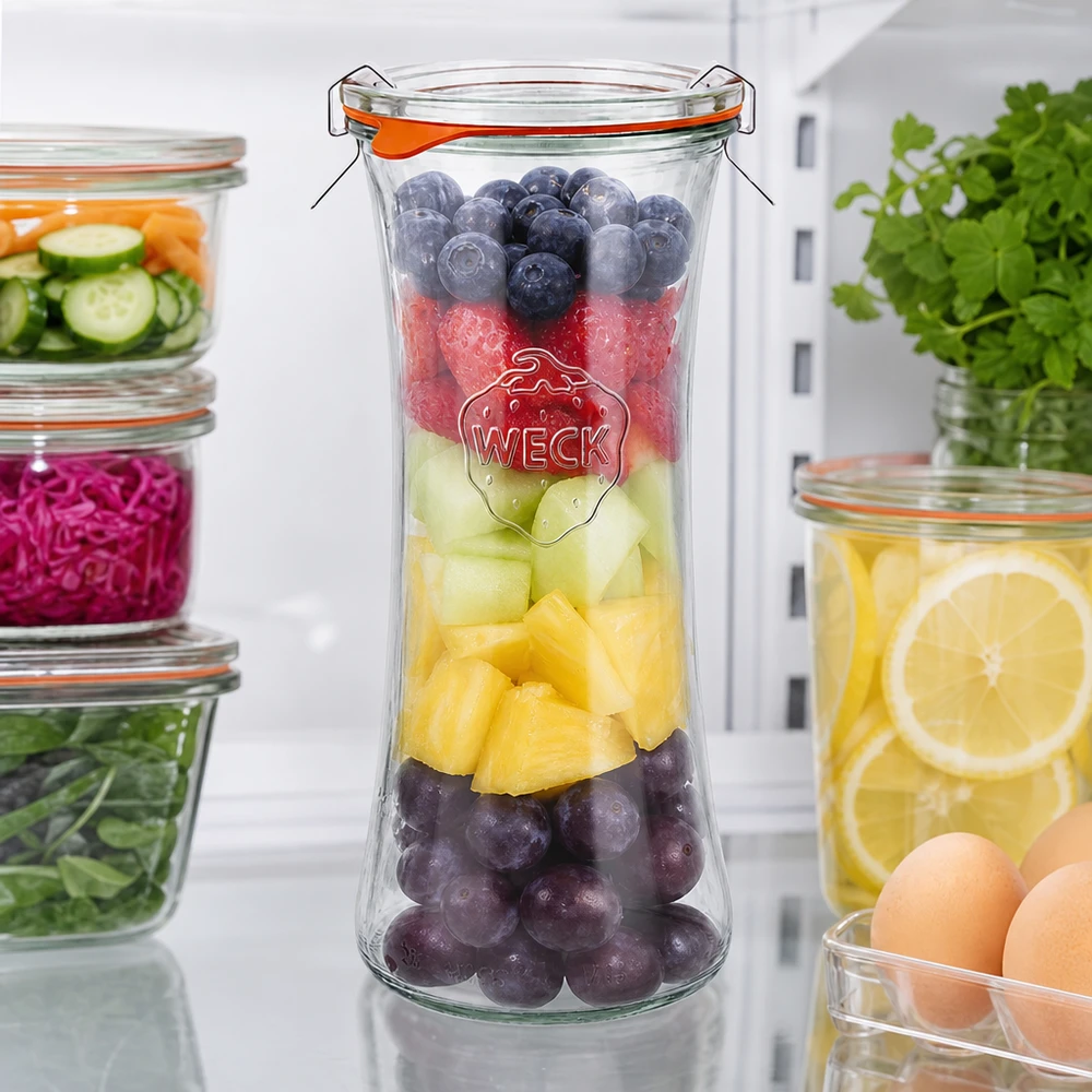 WECK delikatessekrukke 700 ml RR80 fyldt med farverig frugtsalat, konserveringskrukke med svingbar top til frisk frugt