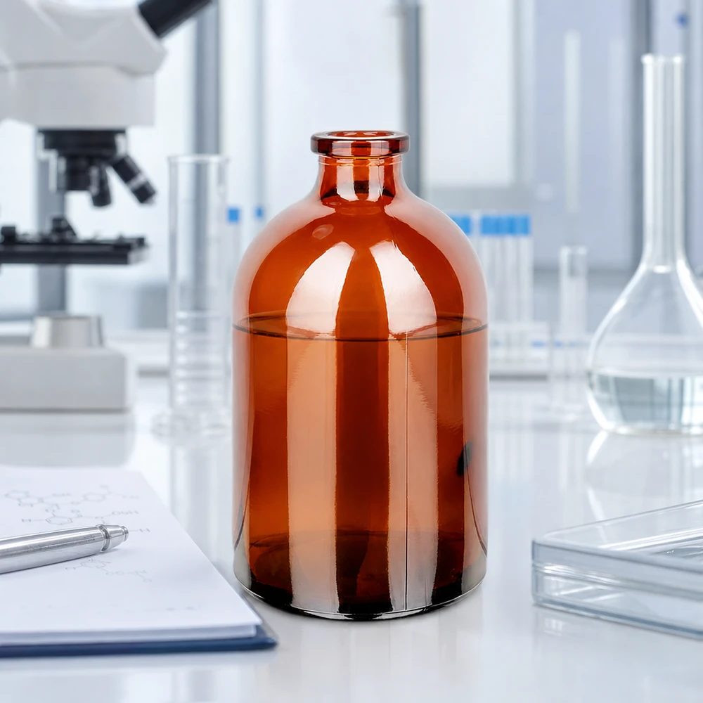 Injektionsflaske af ravfarvet glas 100 ml Lichtgeschützte Injektionsflasche 100ml aus Braunglas mit transparentem Trichter und Petrischale