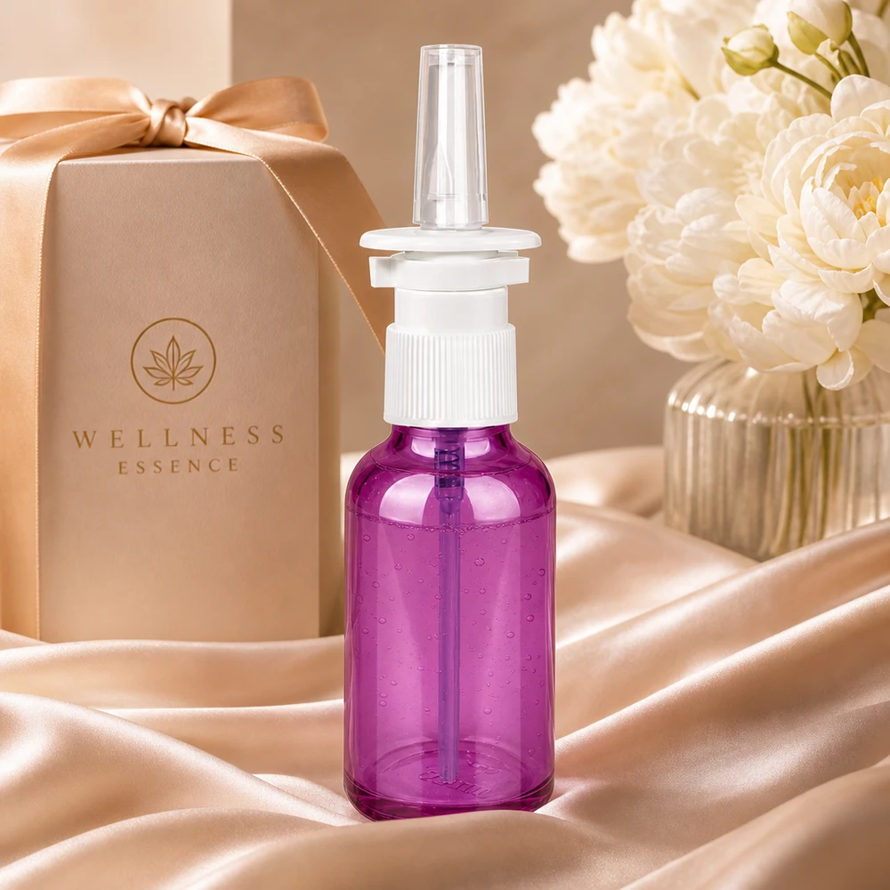 30 ml næsesprayflaske hvid/transparent standard PurpleLine. UT18/30 30 ml næsesprayflaske i høj kvalitet med UT18/30-gevind i stilfuld lilla til professionel dosering