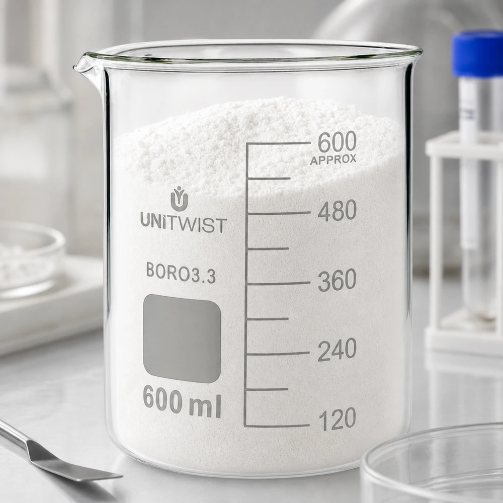 Bæger 600 ml borosilikat, lav form UNiTWIST UNiTWIST måleglas 600 ml, fyldt med hvidt pulver op over 600 ml-mærket, borosilikatglas, laboratoriekvalitet