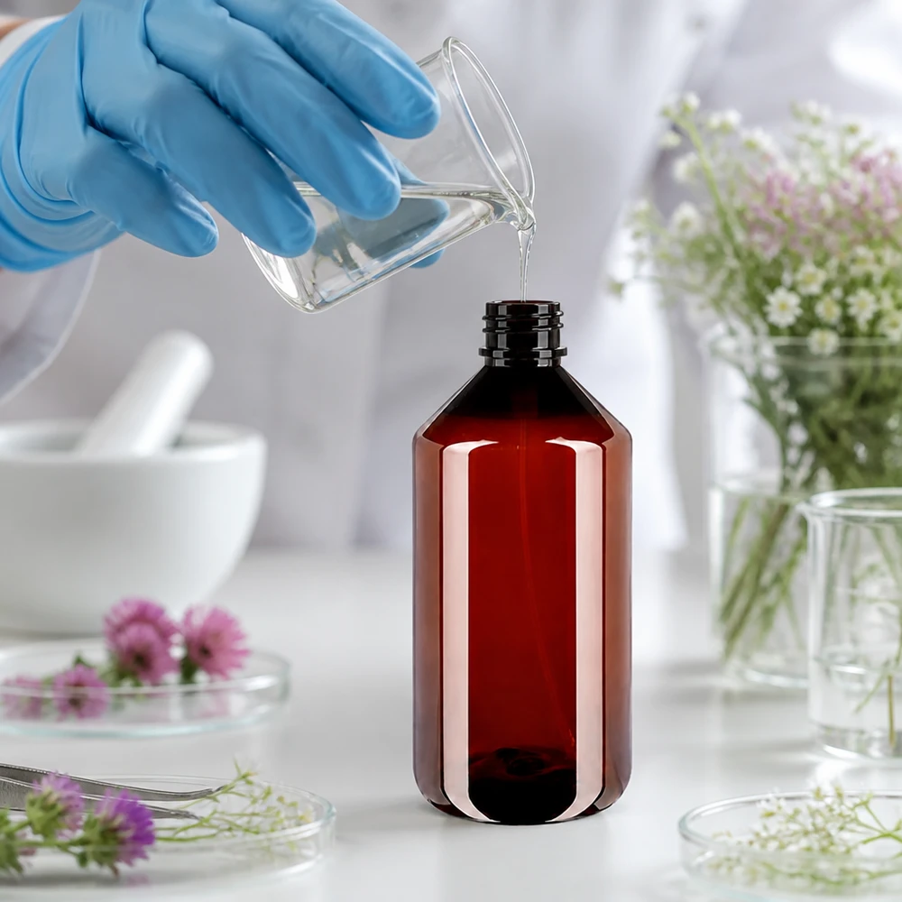 PET-flaske 750 ml med forstøver sort Brun PET-sprøjteflaske på 750 ml med sort forstøver i et farmaceutisk laboratoriemiljø