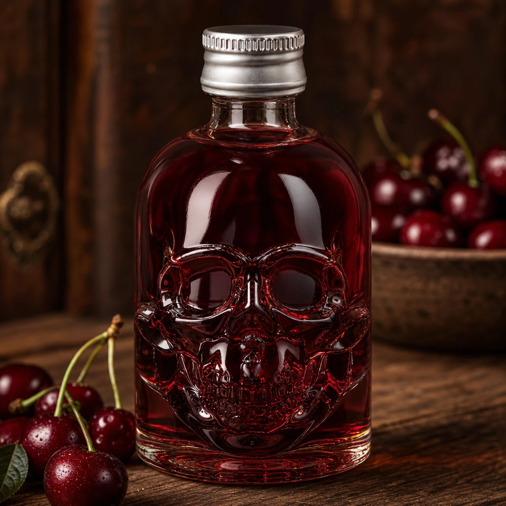 50 ml glasflaske »Hector« og skruelåg sølv UNiTWIST® 50 ml Hector-glasflaske med rød kirsebærvæske og sølvhætte mellem friske kirsebær på et træbord